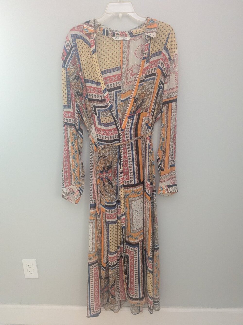 ZARA Patchwork Print Boho Paisley Geometric Long Sleeve Maxi Dress Size L